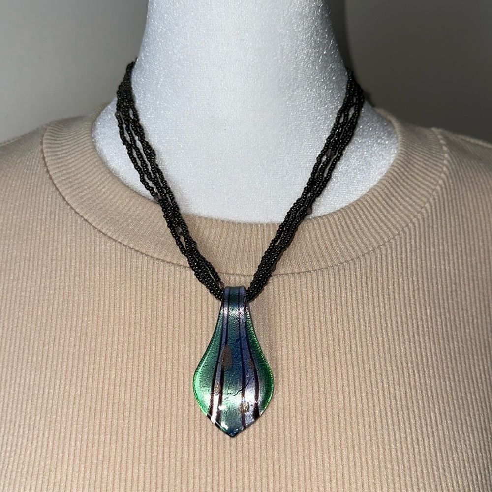 Four Strand Mini Beaded Statement Leaflet Blue Green Gold Pendant Necklace